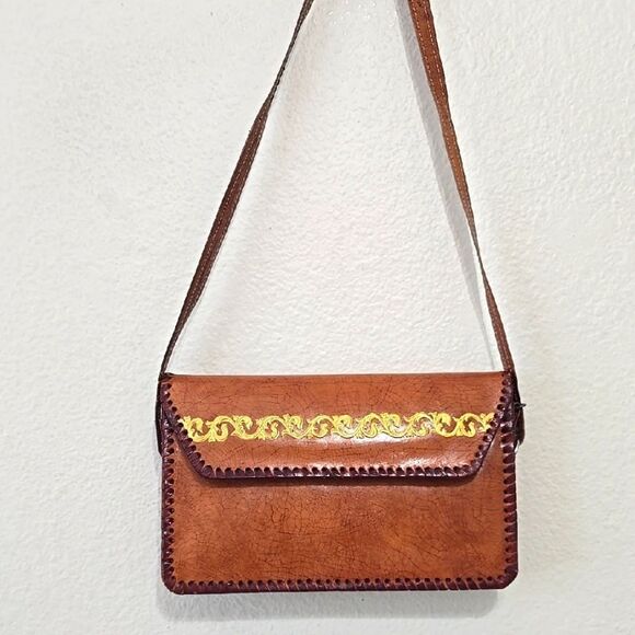 Brown Leather Crossbody Bag with Gold Accents - Picture 1 of 8
